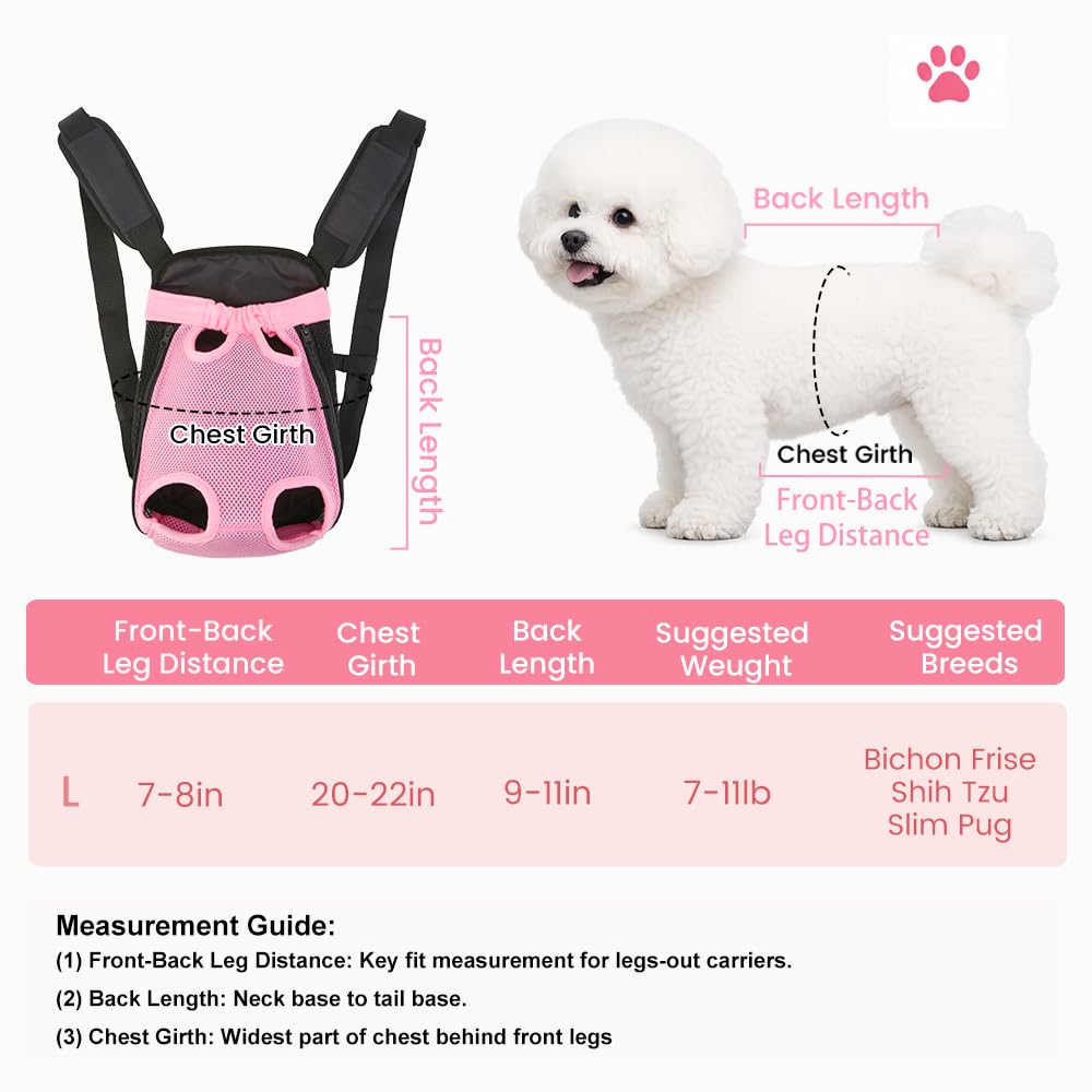 Inspack Dog Backpack Carrier/Cat Carrier, Adjustable Pet Front Carriers Travel Bag for Puppy Medium Dogs, Legs Out, Soft Ventilated Doggie Chest Carry Backpacks for Hiking/Camping, 7-11 lbs, Pink