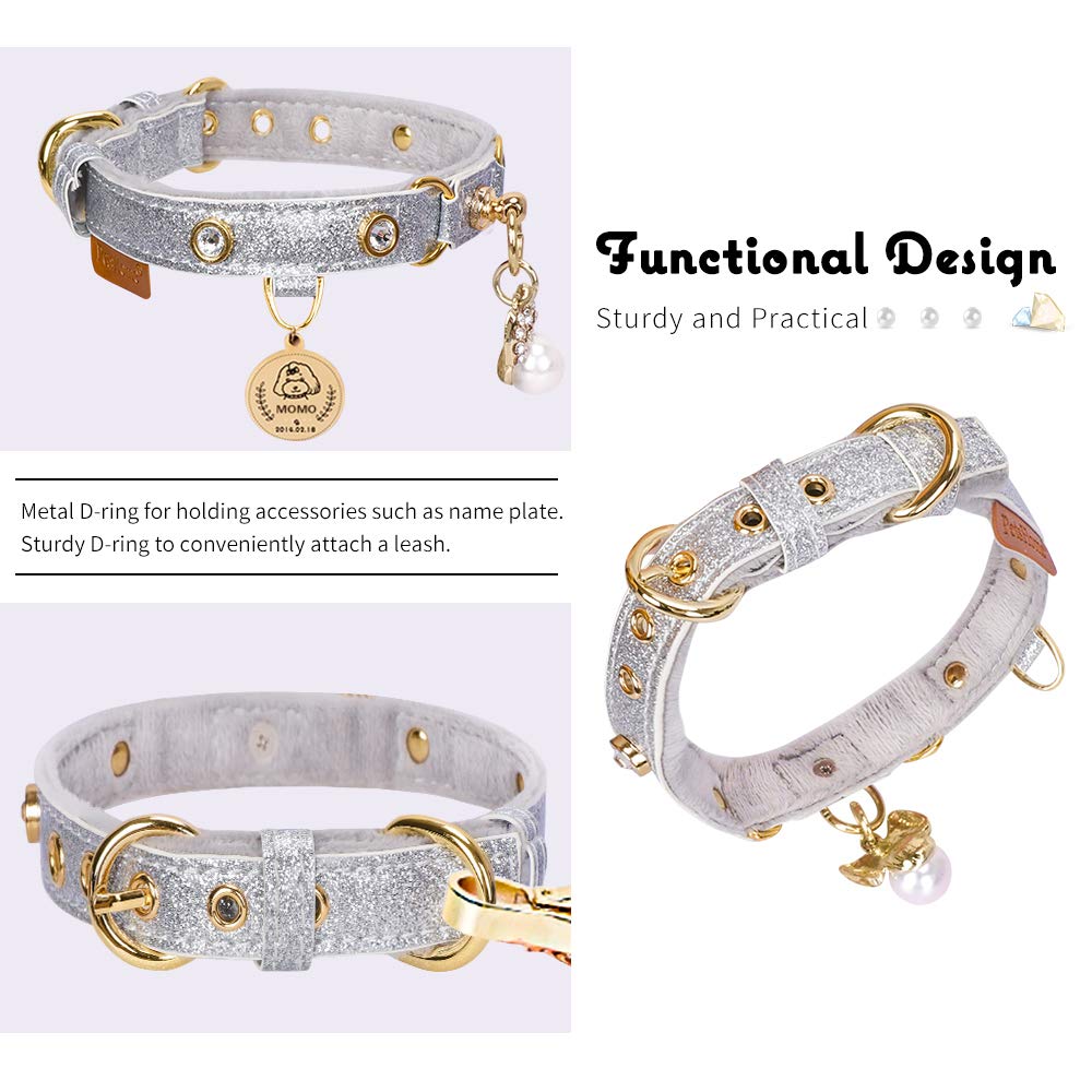 PetsHome Cat Collar, Dog Collar, [Bling Rhinestones] PU Leather Adjustable Pet Collar with Luxury Pendant for Big Cat and Small to Medium Dog Small Silvery