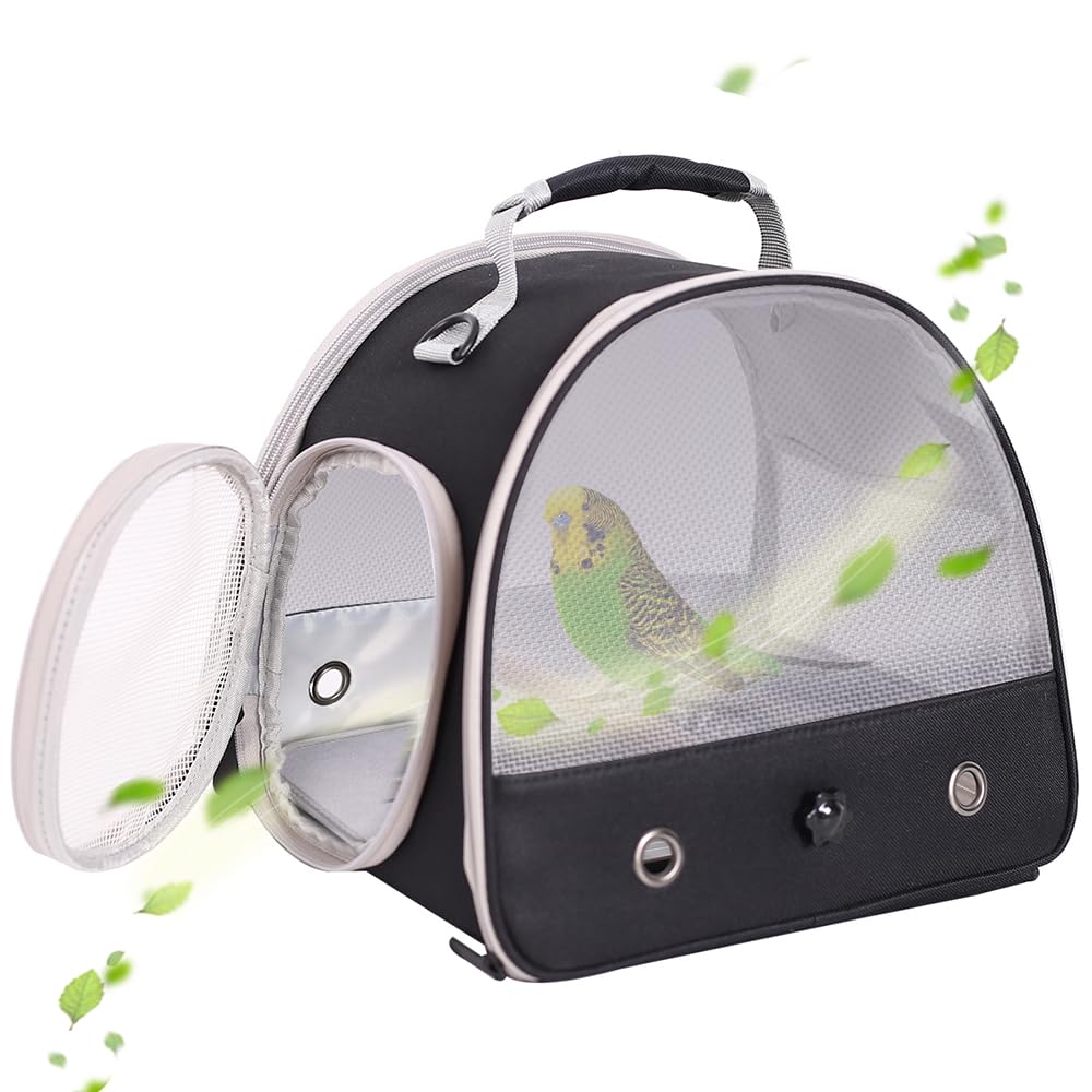 Bird Carrier, Portable Small Bird Parrot Parakeet Carrier with Standing Perch and Stainless Steel Tray, Side Access Window Collapsible (Black, Cylinder Design - Clear)