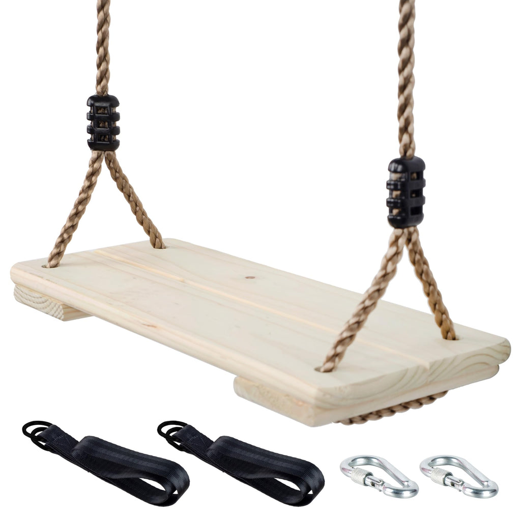 NOSTIFY Wooden Swing Seat, Nostalgic Outdoor Wood Swing for Kids, Tree Straps Set Accessories for Backyard Patio Garden Playground, Height Adjustable (Raw wood)