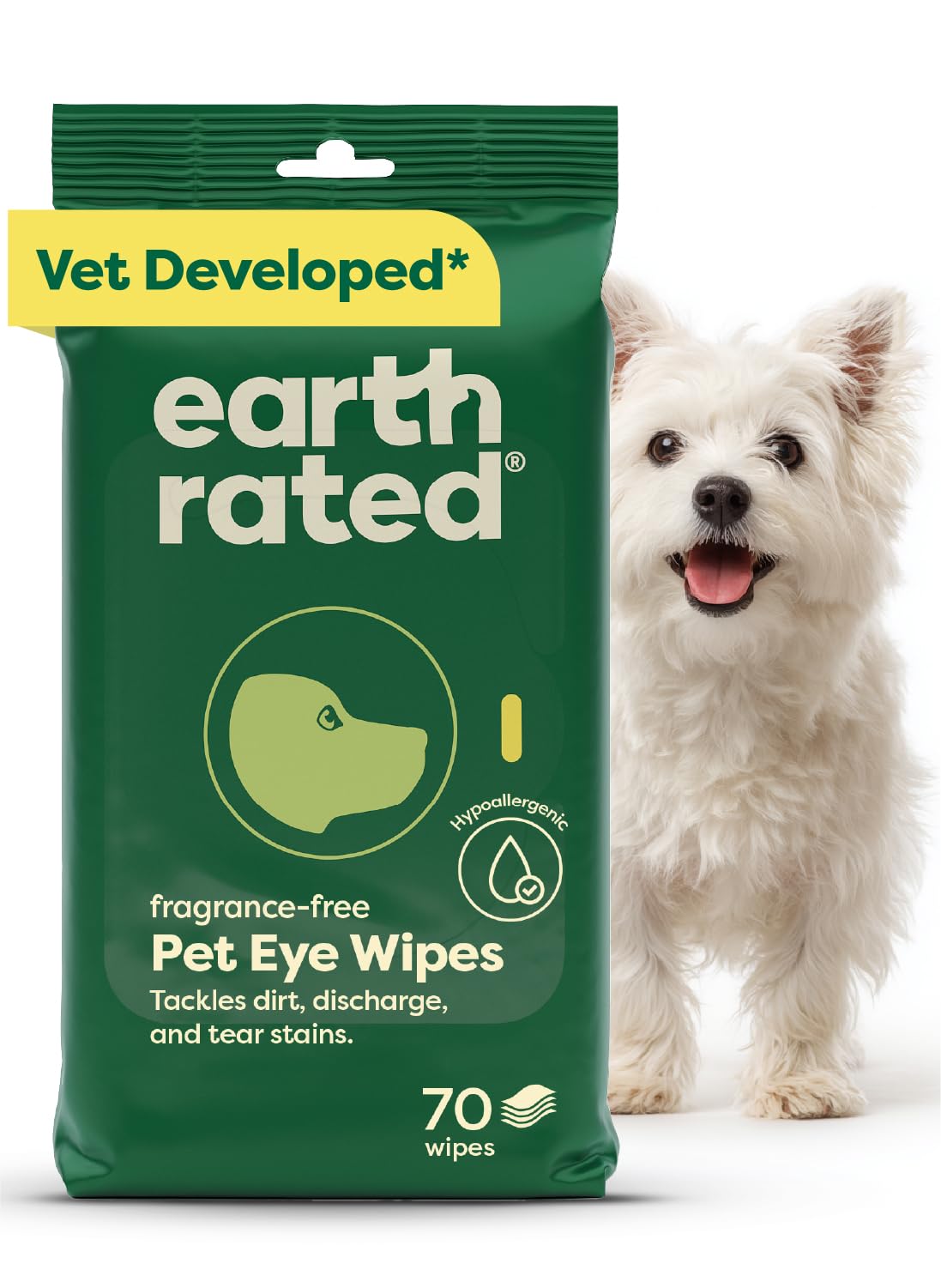Earth Rated Dog Ear Wipes, Vet Developed, Wild Oat, for Dirt & Wax, 70ct