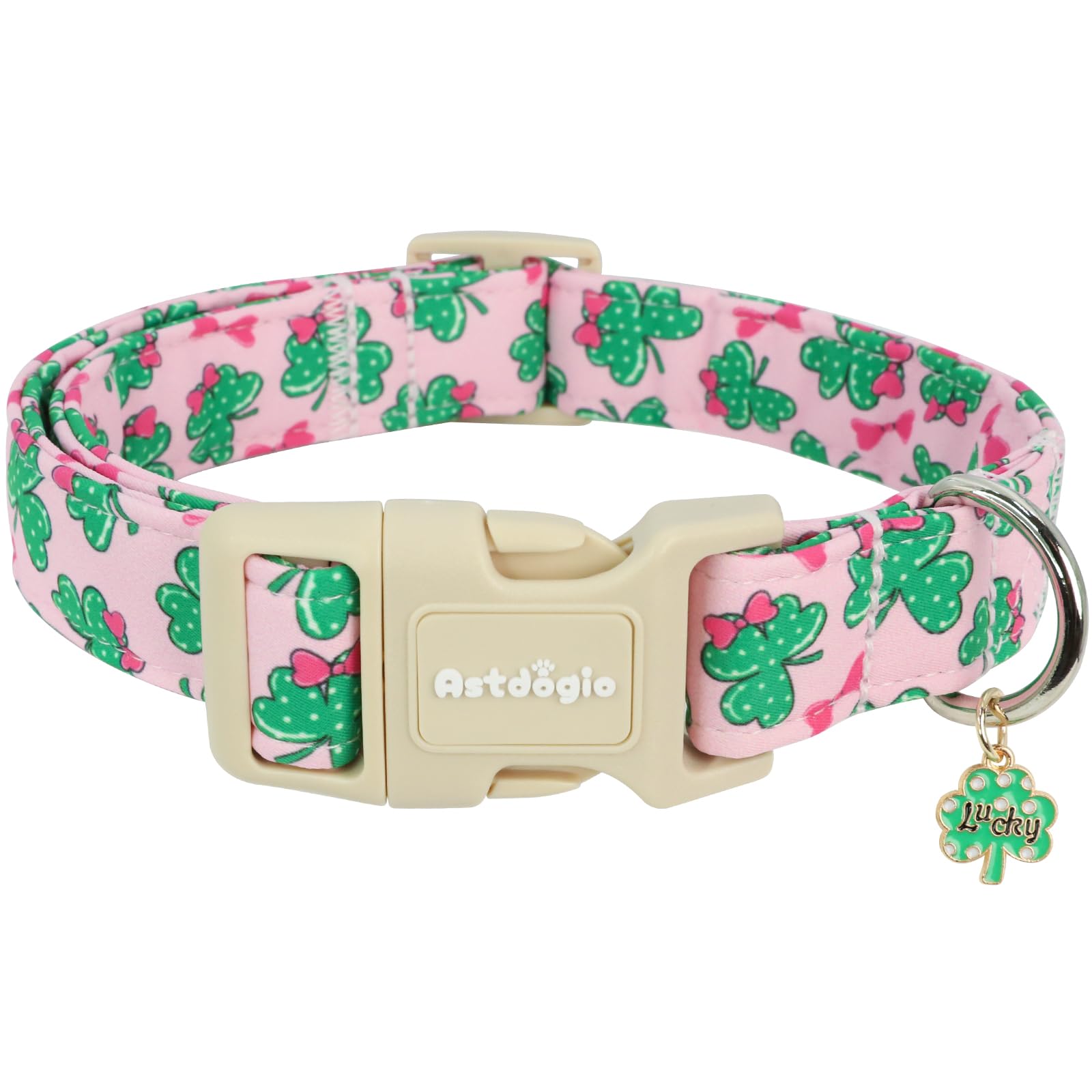 Astdogio St. Patrick's Day Dog Collar,Pink Bow with Lucky Shamrock Puppy Collar,Adjustable Spring Cotton Collars Gifts for Small Medium Large Dogs,Dog Accessories S
