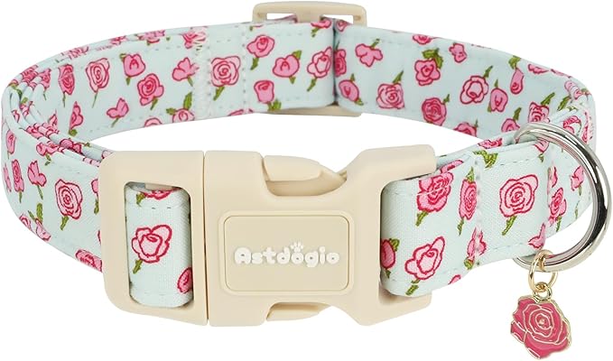 Astdogio Dog Collar for Medium Dogs, Spring &Summer Theme Blue Medium Dog Collars with Pink Rose Pattern, Adjustable Puppy Dog Collars, Cute Girl or Boy Dog Collar Ideal for Gifts,Pet Accessory