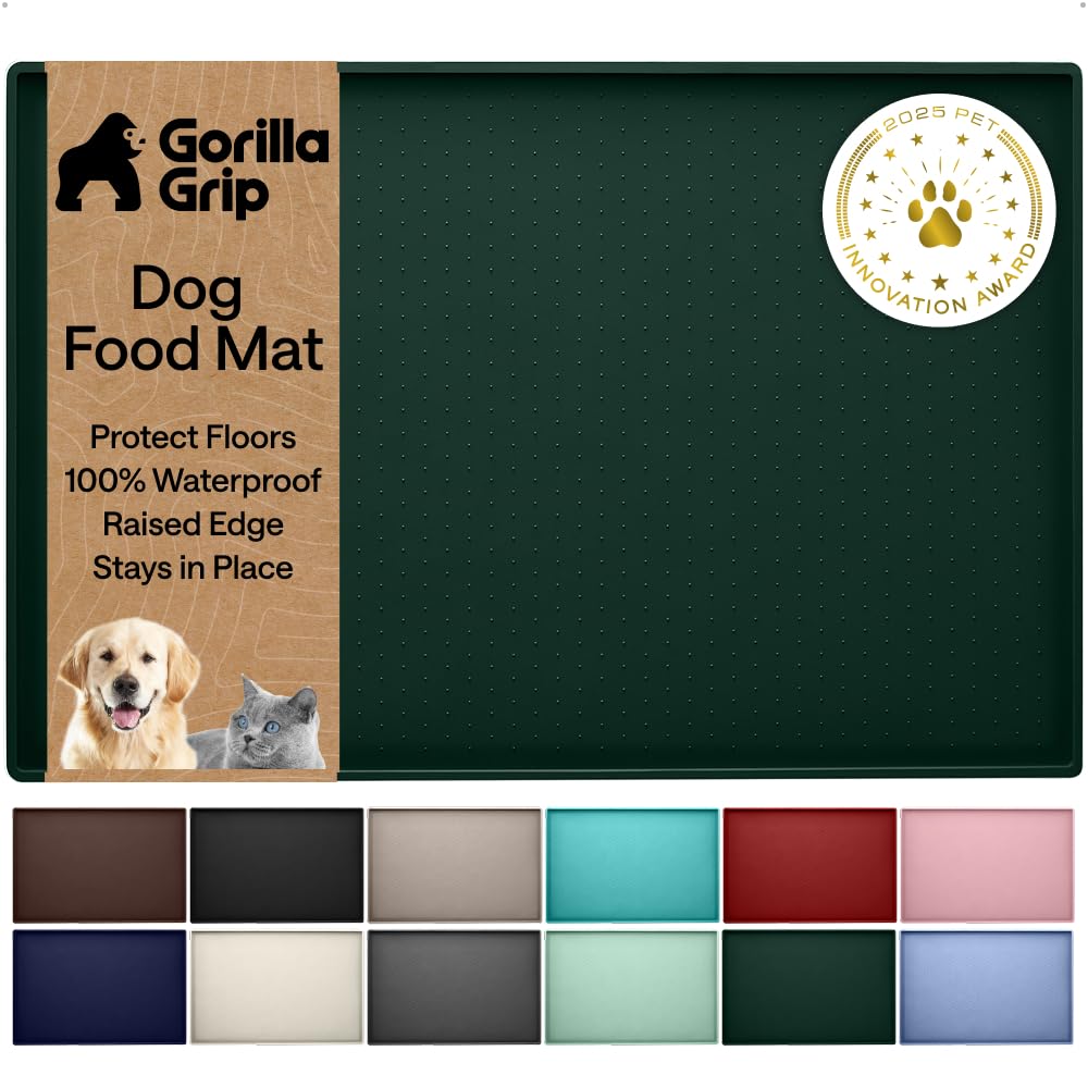 GORILLA GRIP 100% Waterproof Raised Edge BPA Free Silicone Pet Feeding Mat, Dog Cat Food Mats Contain Spills Protects Floors, Placemats for Cats and Dogs Water Bowl, Pets Accessories 16x10, Green