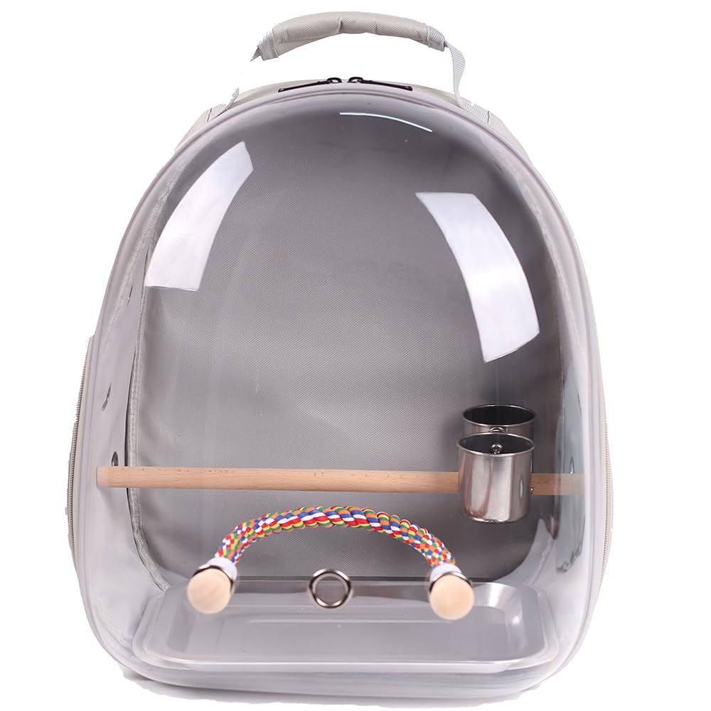 Bird Traval Carrier Cage, Multi Vent Holes Clear Space Capsule Astronaut Backpack to Carry Parakeet Cockatiel Parrot with Metal Tray Wood Perch, Vet Transport Book Bag
