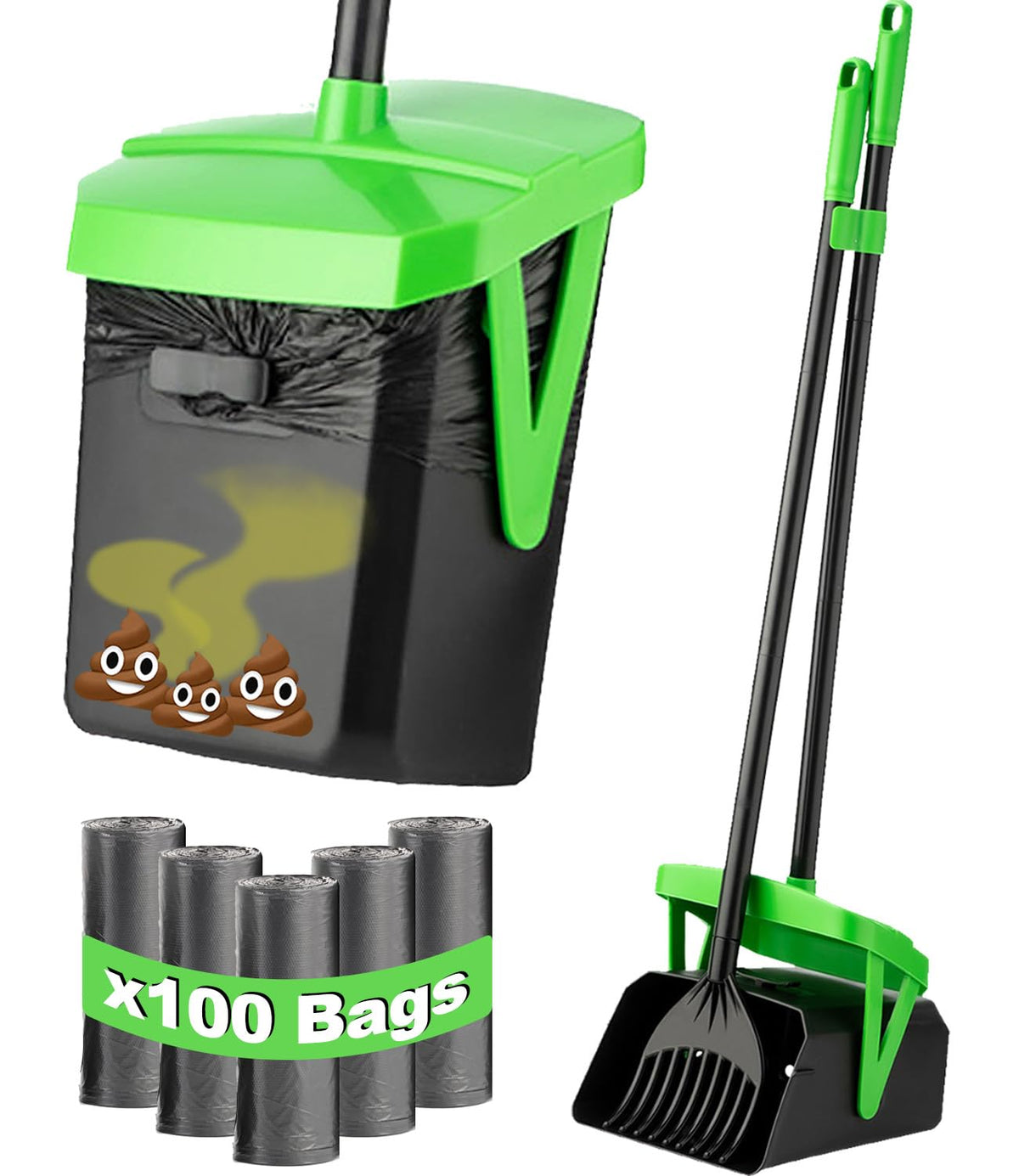 FUSBUNTY Dog Pooper Scooper, Swivel Bin & Rake Set with 100 Waste Bags