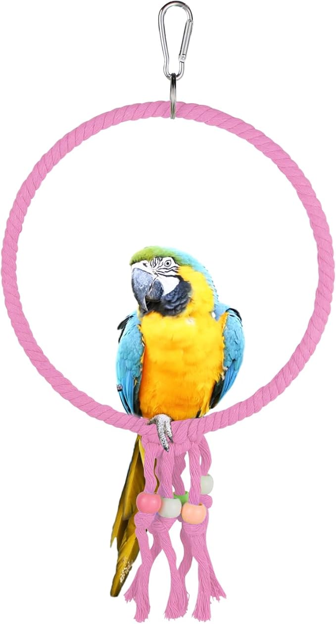 LuckyOpt Bird Swing, 20 CM Diameter Hanging Parrot Swing with Colourful Beads, Swing Parrot Toys Cotton Rope Ring Bird Cage Toys for Budgie, Cockatiel, Canary, Parakeet