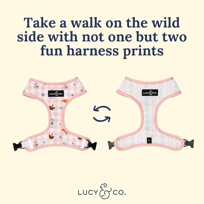 Lucy & Co. Reversible Dog Harness - Water-Repellent Neoprene, Dual-Print Design, Easy Swap Style, Adjustable Comfort Fit - Sipping Slowly Reversible Harness - X-Large