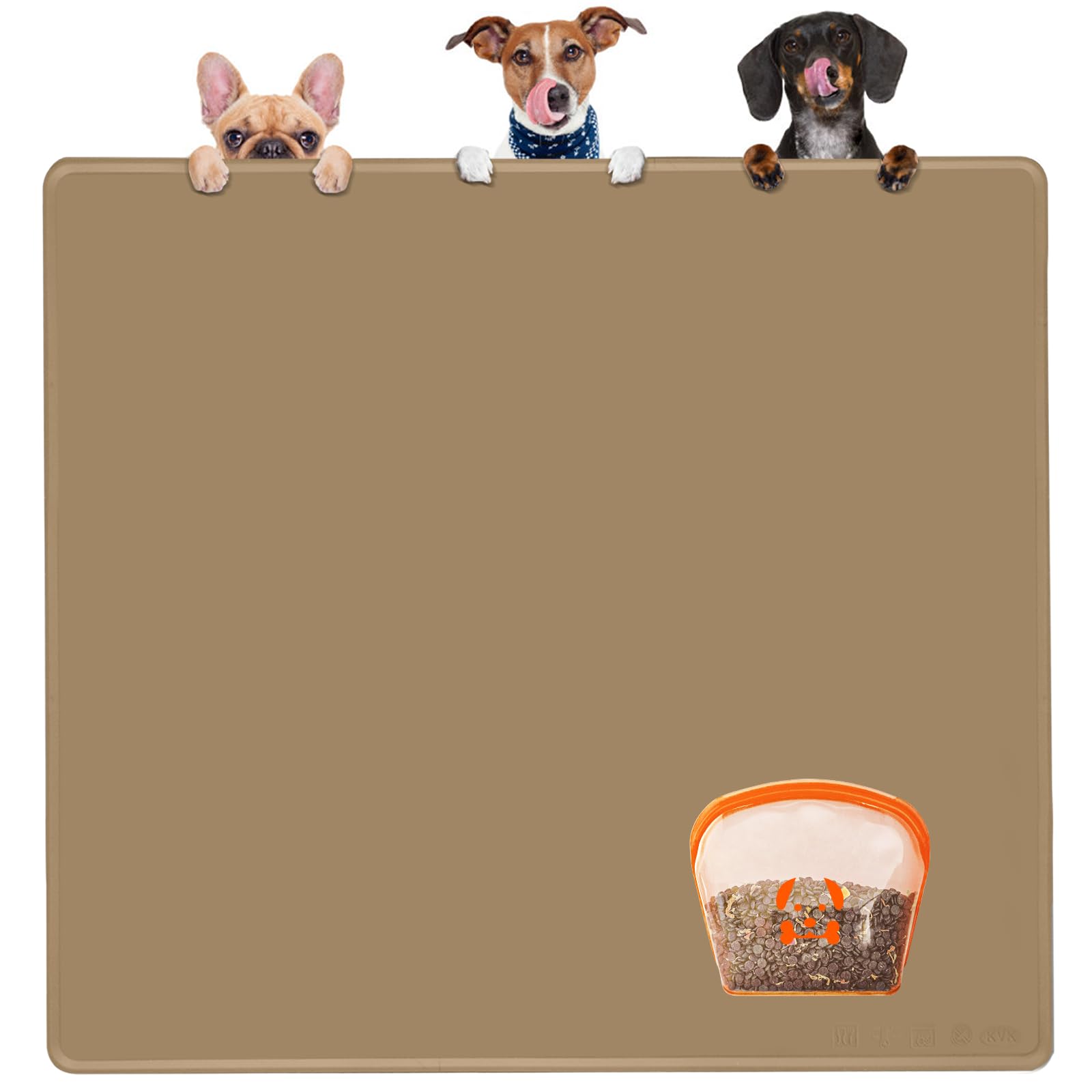 KVK Extra Extra Large Silicone Dog Food Mat 39.4×43.3in and 128oz Silicone Bag Set, Super Size Waterproof Pet Feeding Mat & Container, Non-Slip, Chew-Resistant Floor Protection (Taupe&Orange)