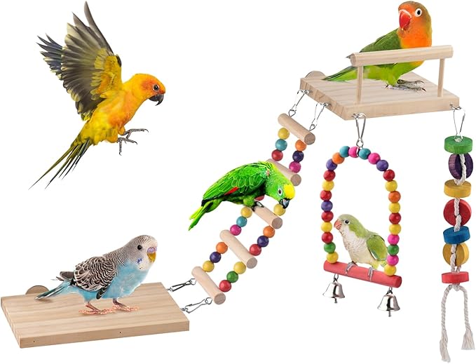 DBNESS 4Pcs Bird Perches Toys, Stainless Steel Perch Platform (2 Sizes), Natural Wood Parrot Climbing Ladder & Swing with Bell, Play Gym Cage Accessories for Budgie Cockatiel Lovebird Canary Conure