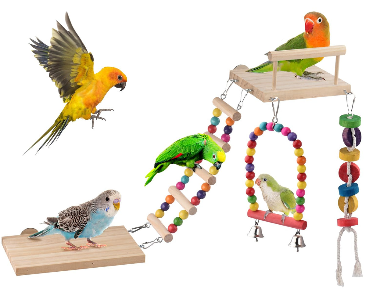 DBNESS 4Pcs Bird Perches Toys, Stainless Steel Perch Platform (2 Sizes), Natural Wood Parrot Climbing Ladder & Swing with Bell, Play Gym Cage Accessories for Budgie Cockatiel Lovebird Canary Conure