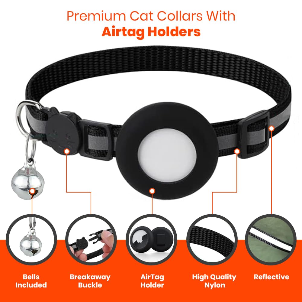 Reflective Cat Collar with AirTag Holders, Set of 6, with Bells, Solid & Safe Collars for Cats, Nylon, Mixed Colors, Pet Collar, Air Tag Holder, Breakaway Cat Collars Charms