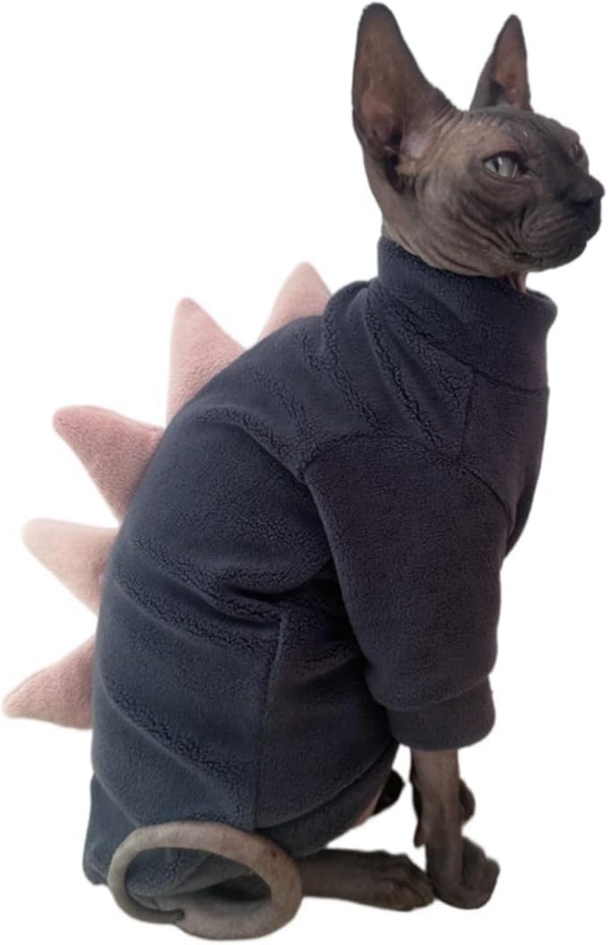 Dinosaur Sphynx Cat Clothes, Soft Polar Fleece Sweater for Cat, Elastic Pet Clothes Thick Winter Warm Outfit for Hairless Cat, Devon, Cornish, Small Dogs Apparel with Sleeves (Grey, XX-Large)