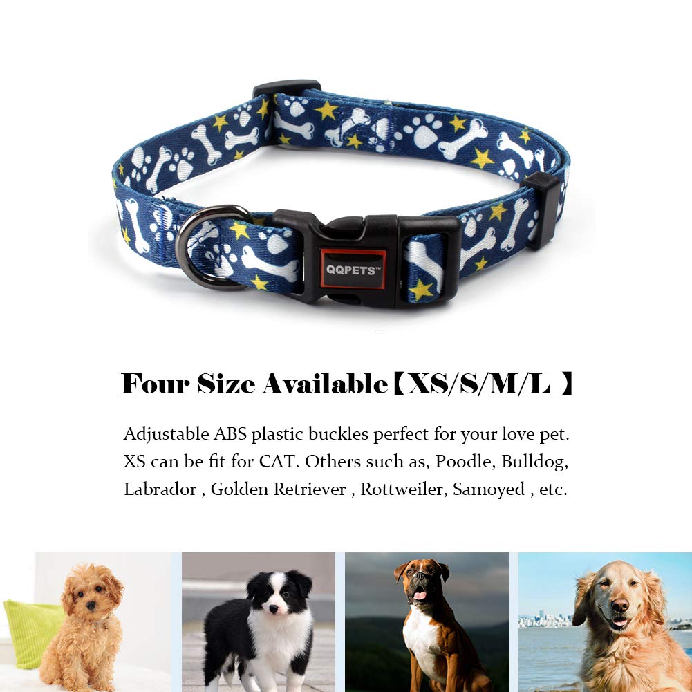 QQPETS Adjustable Soft Dog Collar: Print Flower Pink Multicolor Cute Patterns for XS Small Medium Large Pet Girl Boy Puppy Walking Running Training (L, Bone)