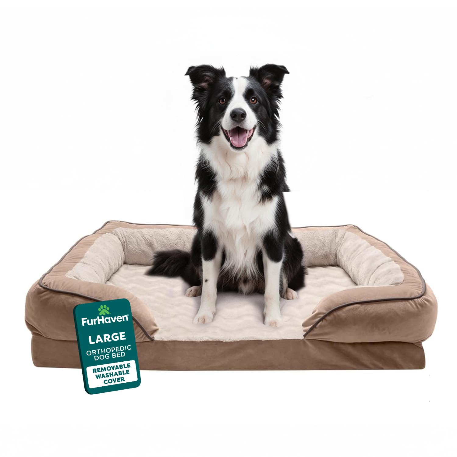 Furhaven Orthopedic Dog Bed for Large/Medium Dogs w/ Removable Bolsters & Washable Cover, For Dogs Up to 55 lbs - Plush & Velvet Waves Perfect Comfort Sofa - Brownstone, Large