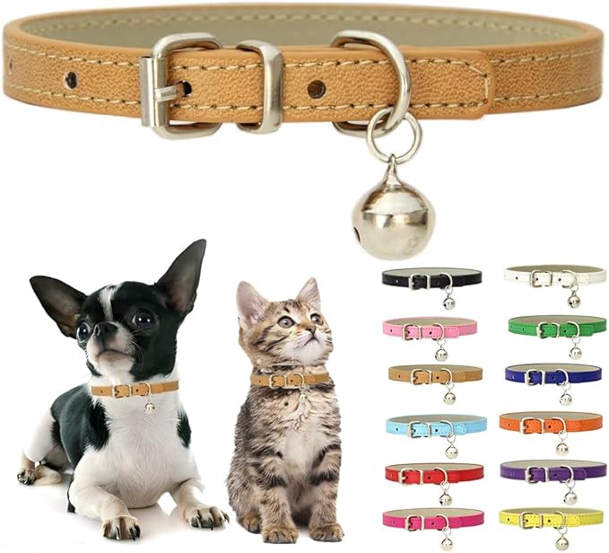 Black XS Dog Collar with Bell, Soft Pu Leather Cat Kitten Collars X-Small