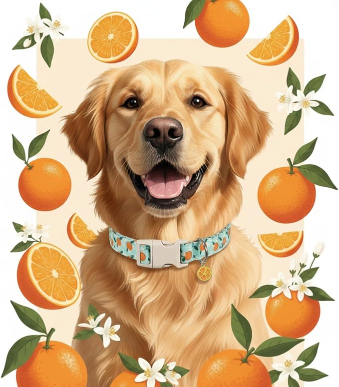 Britwicfr Dog Collar, Spring Summer Dog Collar with Orange Print and Charm, Cute Spring Summer Fruit Collar with Soft & Breathable Fabric, Adjustable Pet Collar for Medium Dogs