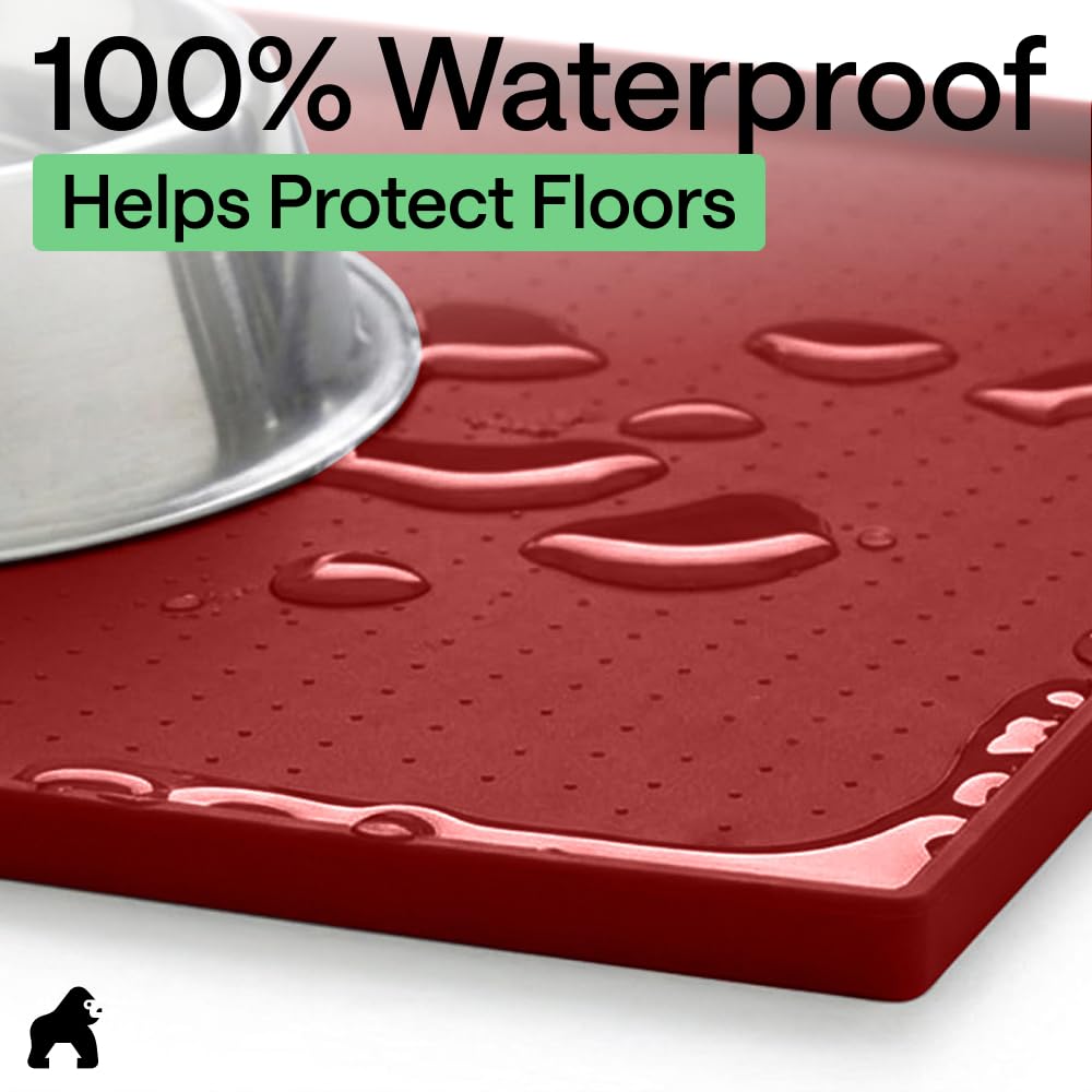 GORILLA GRIP 100% Waterproof Raised Edge BPA Free Silicone Pet Feeding Mat, Dog Cat Food Mats Contain Spills Protects Floors, Placemats for Cats and Dogs Water Bowl, Pets Accessories 23x15 Red