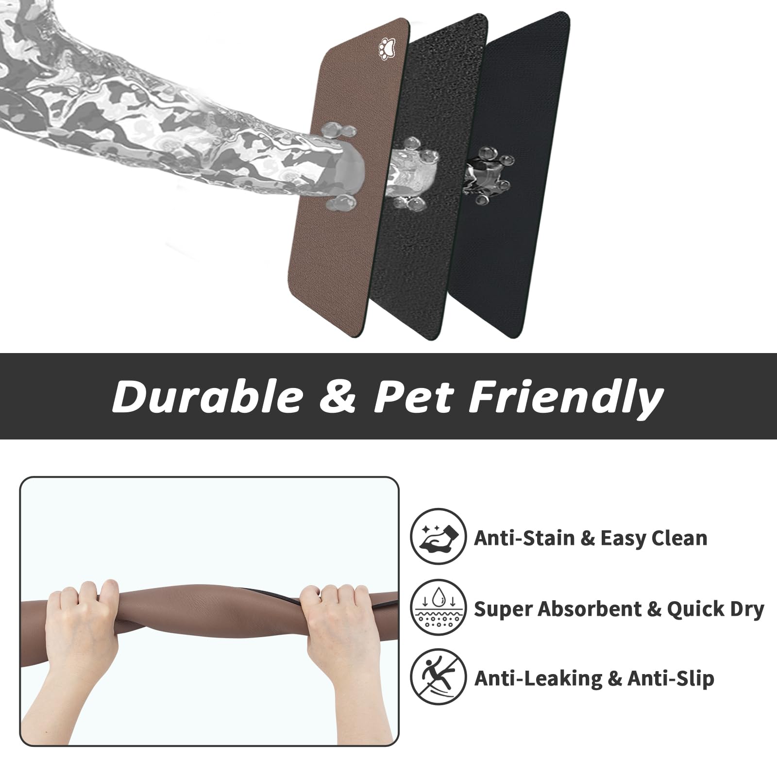 HotLive Dog Food Mat - Absorbent Cat Mat for Food and Water, No Stains Pet Feeding Bowl Mat, Easy to Clean Pet Placemats, Quick Dry Dog Water Dispenser Mat for Messy Drinkers | Paw Brown 18"x 28"