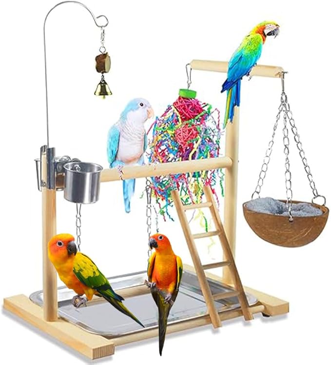 Bird Playground Parrot Playstand, Parrot Stand,Bird Wood Tall Standing Block,Game Table with Feeder… (G-500)