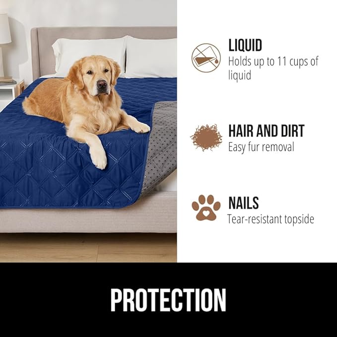 GORILLA GRIP Waterproof Bed Cover for Dogs, 102x82, Gripped Slip Resistant Backing, Leak Proof Washable Dog Blanket Covers Sofa, Couch, Sectional, Crate, Car, RV Seats, Pet Puppy Essentials, Navy Blue