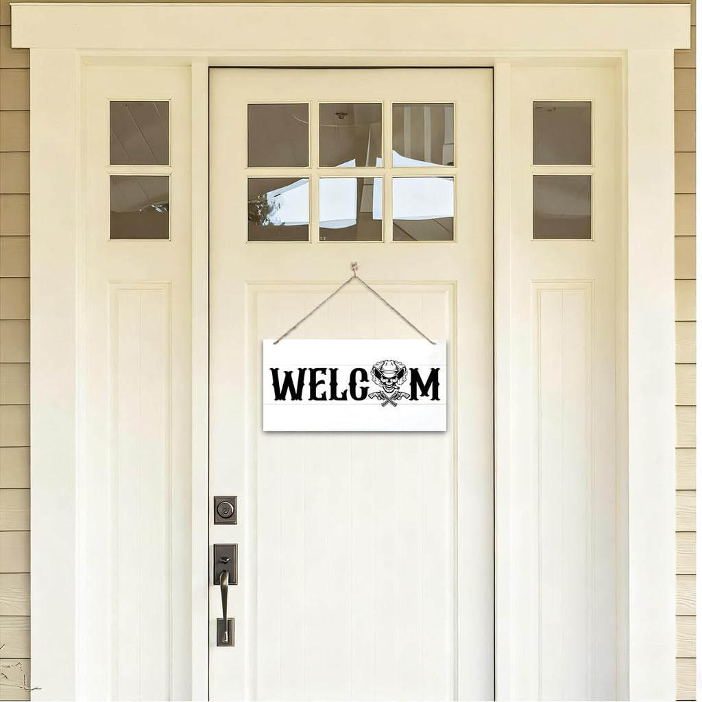 Welcome Sign for Front Door, Welcome Decor Wooden Hanging Sign for Wall Decor, CowBoy Skeleton Pattern Hanging Signs, Funny Wooden Outdoor Front Door Decoration 13.8X6.9 inches