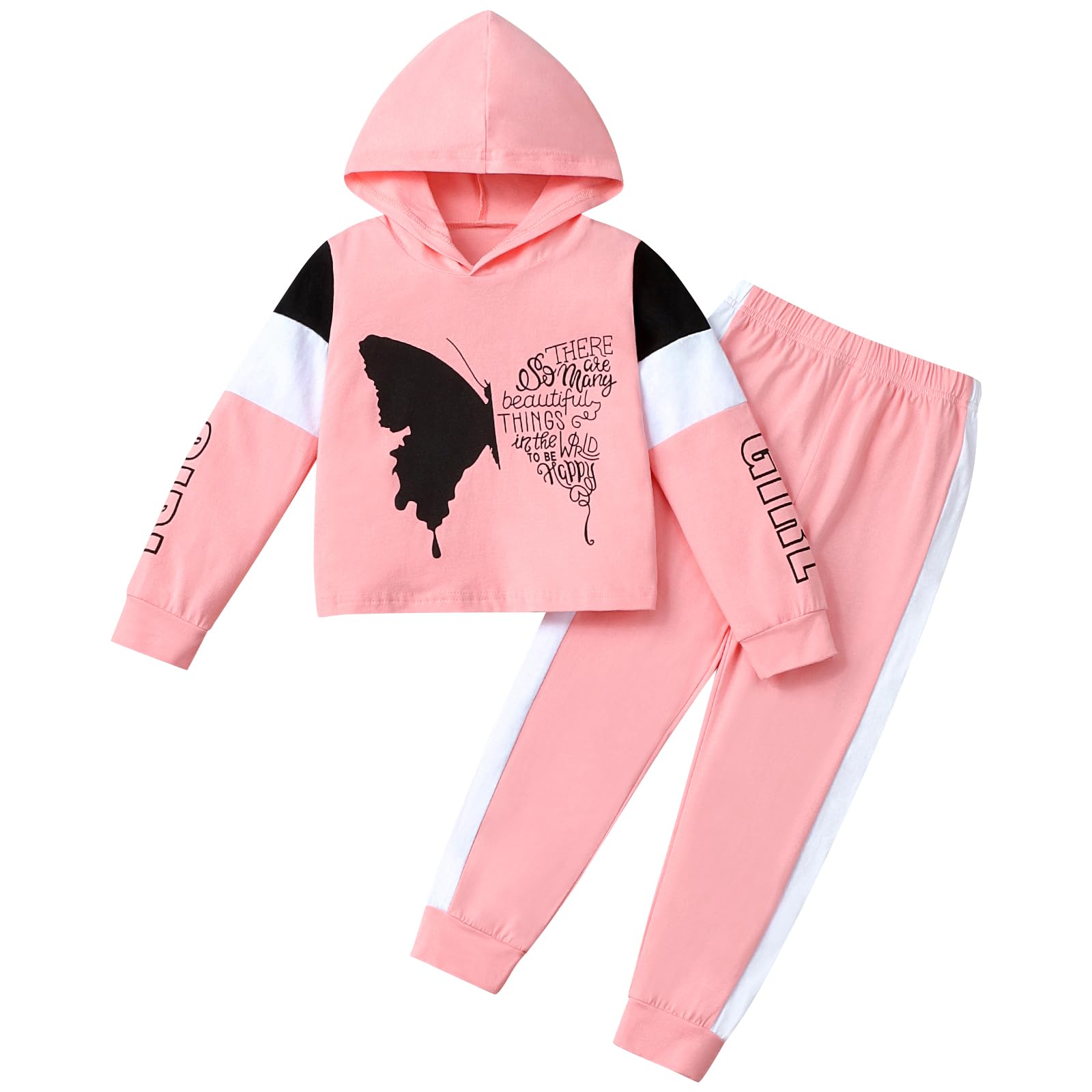 Kid Toddler Baby Girl Clothes Butterfly Print Letter Hooded Sweatshirt and Pants Set(6-7T)
