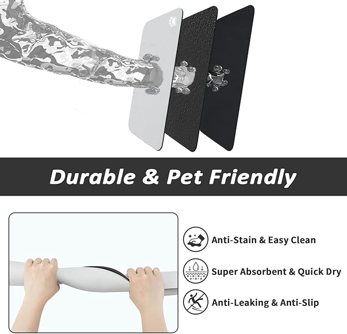 Dog Food Mat - Absorbent Cat Mat for Food and Water, No Stains Pet Feeding Bowl Mat, Easy to Clean Pet Placemats, Quick Dry Dog Water Dispenser Mat for Messy Drinkers | Paw Light Grey 16"x 24"