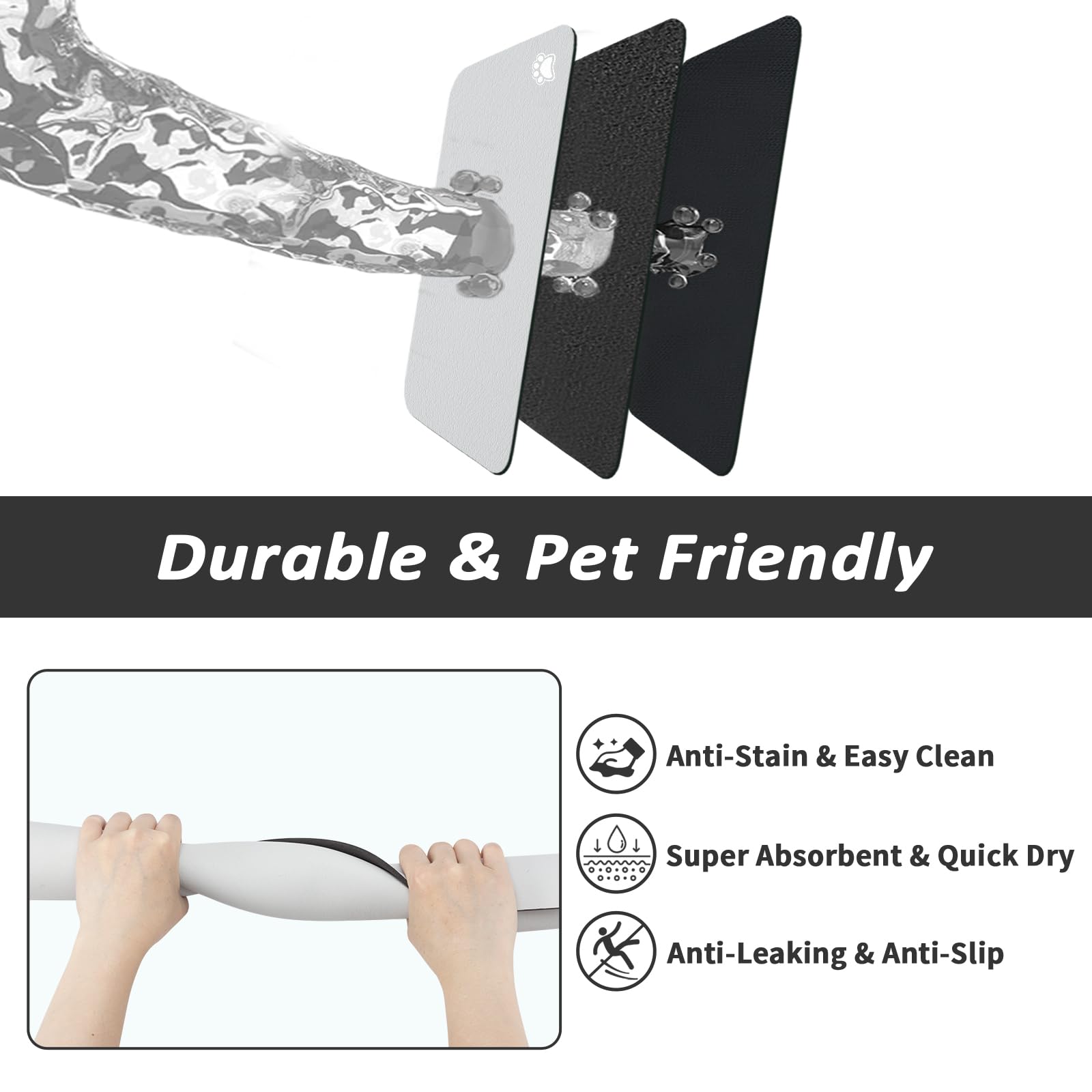 HotLive Dog Food Mat - Absorbent Cat Mat for Food and Water, No Stains Pet Feeding Bowl Mat, Easy to Clean Pet Placemats, Quick Dry Dog Water Dispenser Mat for Messy Drinkers | Paw Light Grey 16"x 24"
