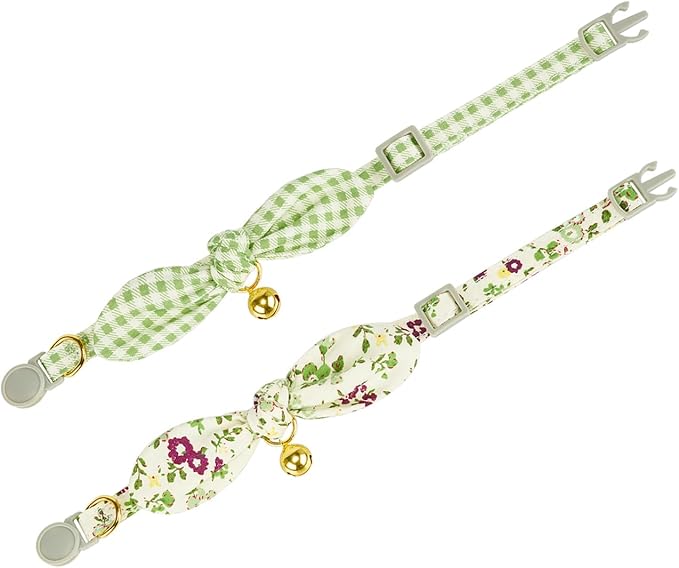 YUDOTE Bowtie Cat Collar with Bell, 2 Pack Cotton Breakaway Kitten Collars with Removeable Bow Stylish Cat Collars, Floral Green & Plaid