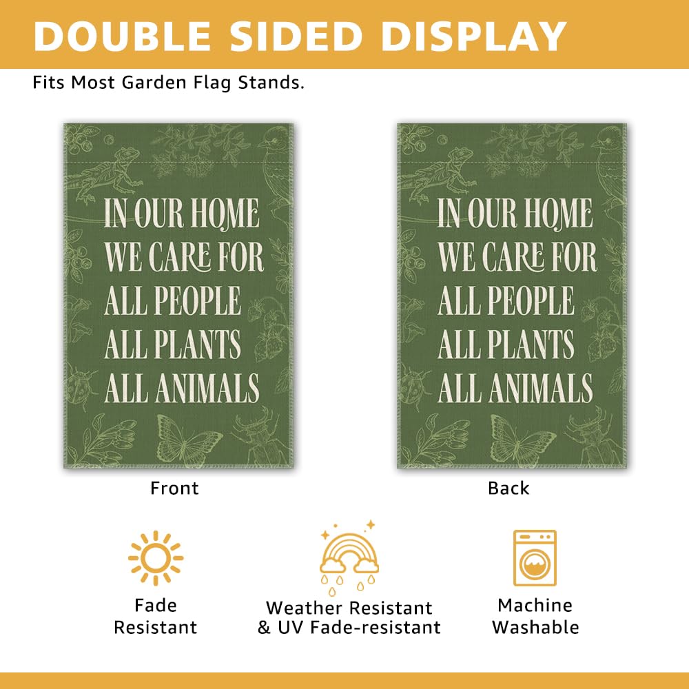 JMYROG In Our Home We Care for All People Plants Animals Garden Flag, Double Sided Yard Outdoor Farmhouse Lawn Porch Decor Banner, Ally Yard Flag, Inclusive Gifts For Family Friend Plant Animal Lover
