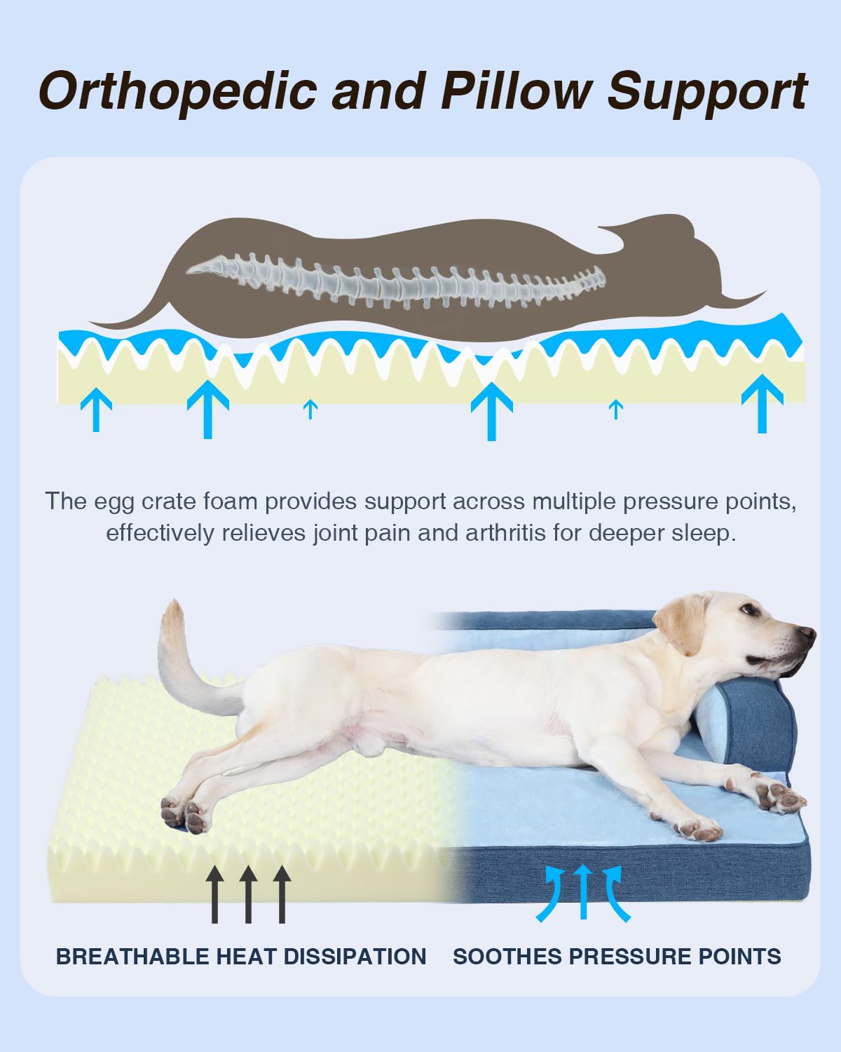 KSIIA Washable Dog Bed XXXL Senior Dog, Orthopedic Warm Soft Pet Sofa Waterproof Pet Couch with Sides, Non-Slip and Egg-Crate Foam Jumbo Beds with Removable Cover, 53x36Inch, Blue