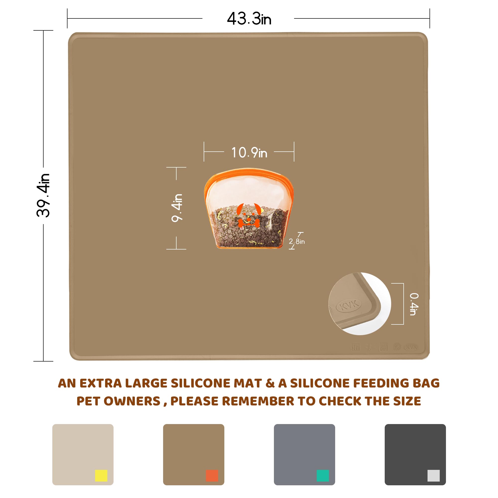 KVK Extra Extra Large Silicone Dog Food Mat 39.4×43.3in and 128oz Silicone Bag Set, Super Size Waterproof Pet Feeding Mat & Container, Non-Slip, Chew-Resistant Floor Protection (Taupe&Orange)