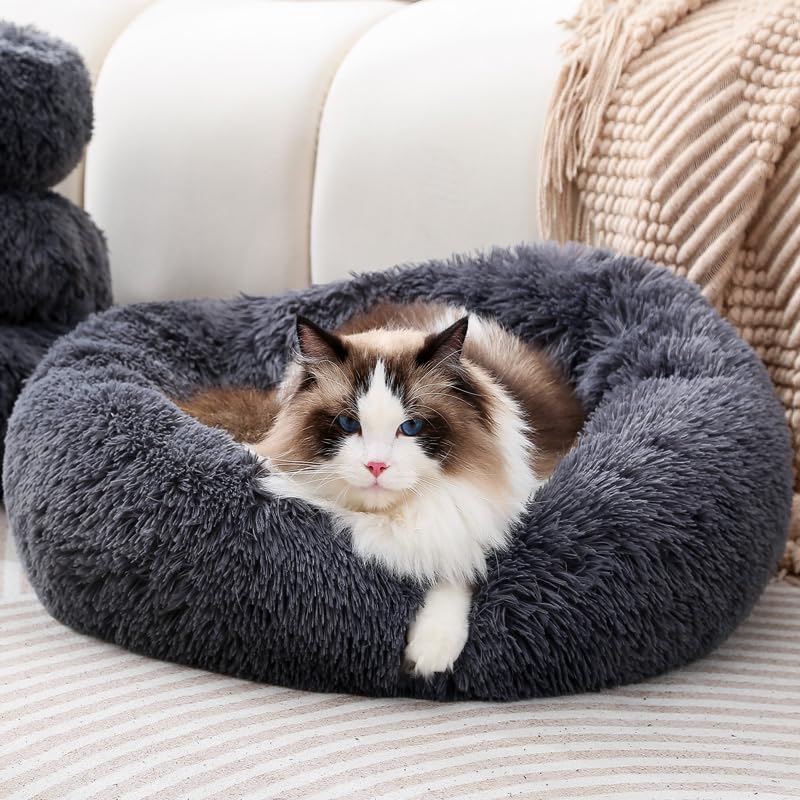 Donut Small Dog Bed, Calming Cat Beds for Indoor Cats, Deep Grey, 13x13x4in