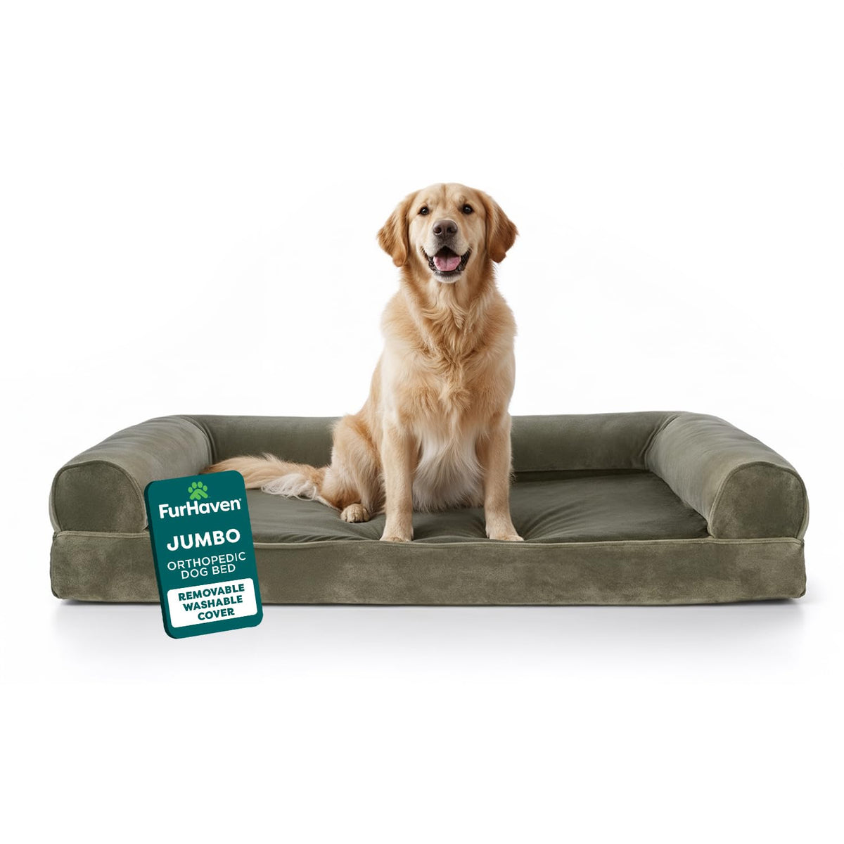 Furhaven Orthopedic Dog Bed for Large/Medium Dogs w/ Removable Bolsters & Washable Cover, For Dogs Up to 55 lbs - Faux Fur & Velvet Sofa - Dark Sage, Large
