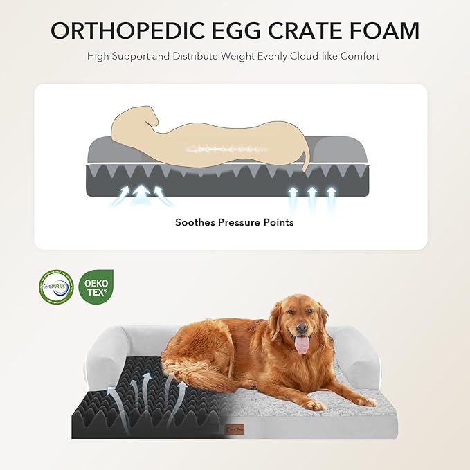 Orthopedic Dog Beds for Large Sized Dogs, Waterproof Egg Crate Foam Medium Dog Couch Beds for Crate 35x22Inch, Washable Pet Beds with Removable Cover and Nonskid Bottom, Grey White