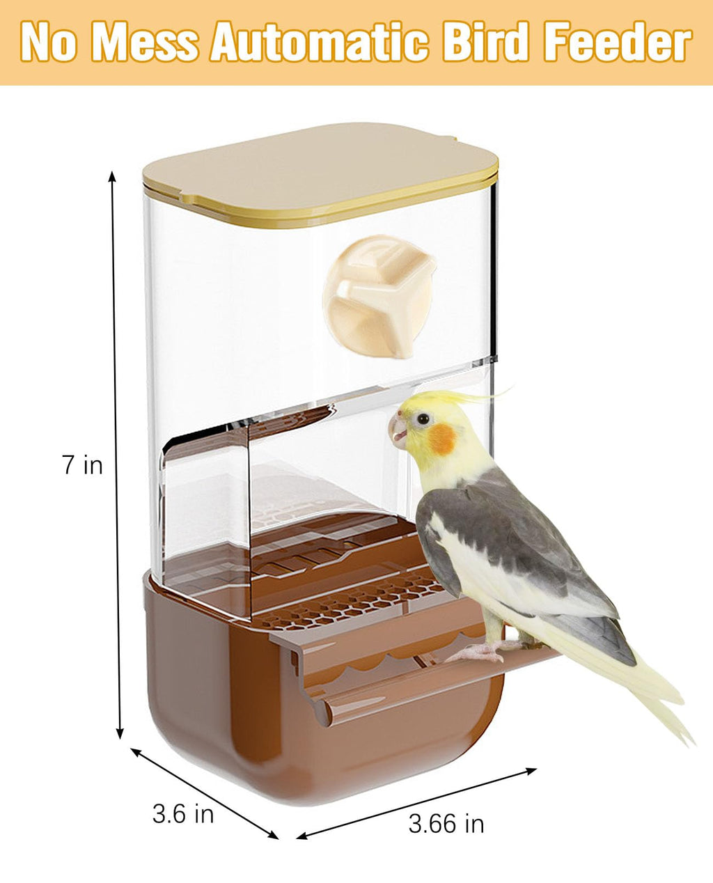 BNOSDM No Mess Bird Automatic Feeder Bird Cage Feeders Parrot Cage Accessories Transparent Seed Food Container with Perch for Finches, Parakeets, Budgies, Lovebirds, Cockatoos, Canaries (Brown)