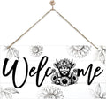 Welcome Sign for Front Door, Welcome Decor Wooden Hanging Sign, Highland Cow and sunflowers Pattern Wall Signs, Rustic Funny Wooden Outdoor Front Door Hanging Decoration 13.8X6.9 inches