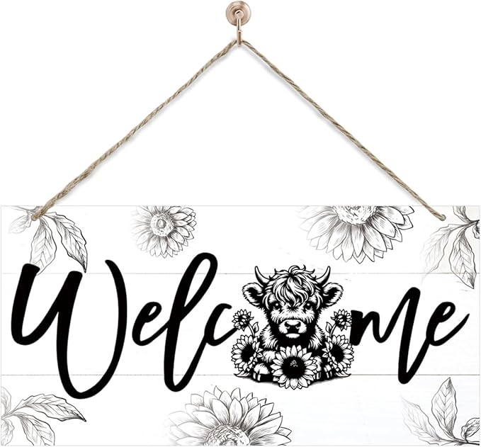 Welcome Sign for Front Door, Welcome Decor Wooden Hanging Sign, Highland Cow and sunflowers Pattern Wall Signs, Rustic Funny Wooden Outdoor Front Door Hanging Decoration 13.8X6.9 inches