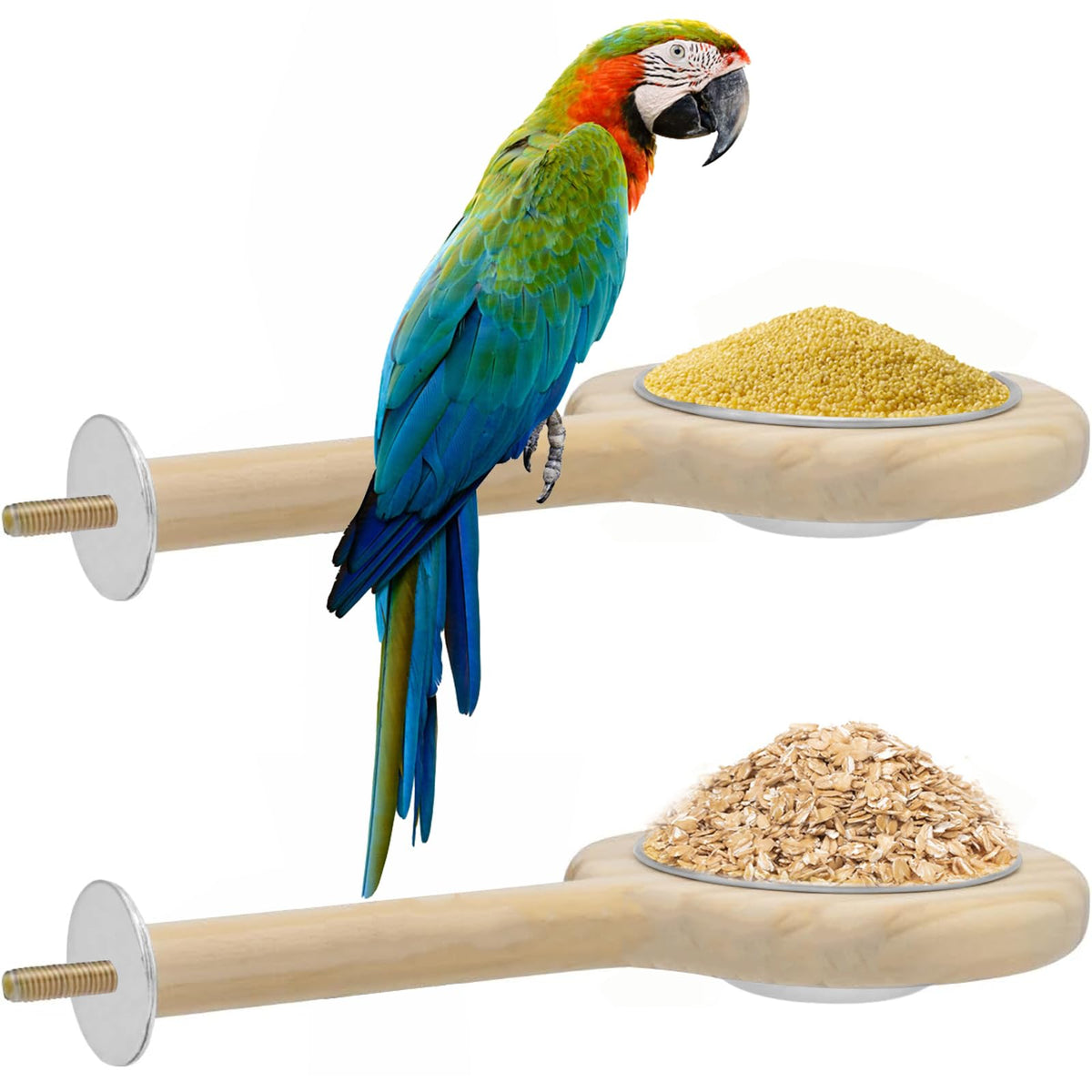 2 Pack Bird Perch Feeding Cup, Bowls for Cage Wooden Perch Stand Hanging Bowls for Bird Cage Accessory Parrot Wood Perch Stand Toy for Parakeet Lovebird Cockatiel Budgie