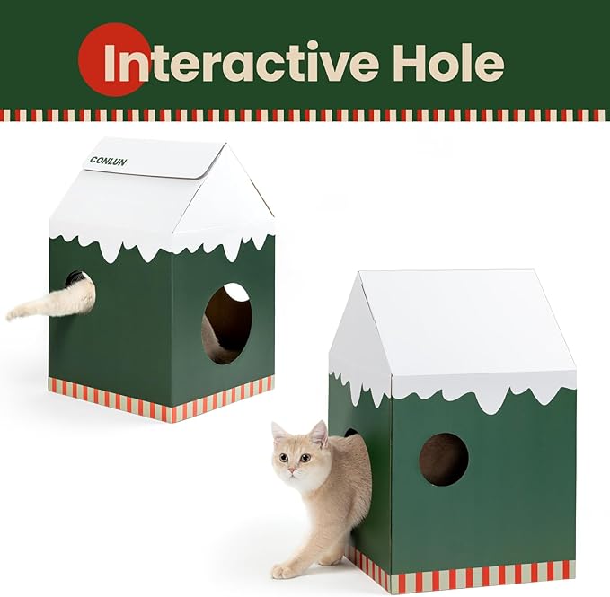 Cardboard Cat House with Scratch Pad & Catnip, Cat Play Scratching House for Indoor Hideaway Furniture, Heavy Duty Sturdy Cardboard Scratcher, Easy to Assemble Birthday Gift, Medium