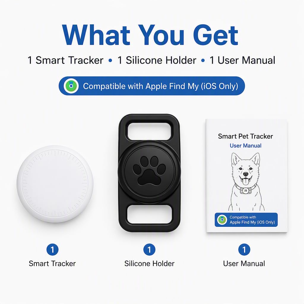 Smart Pet Location Tag with Holder – No Subscription, Compatible with Apple Find My (iOS Only), Lightweight Silicone Case, Clip-On Anti-Loss Accessory for Dog & Cat Collars, Bags (Black&White)