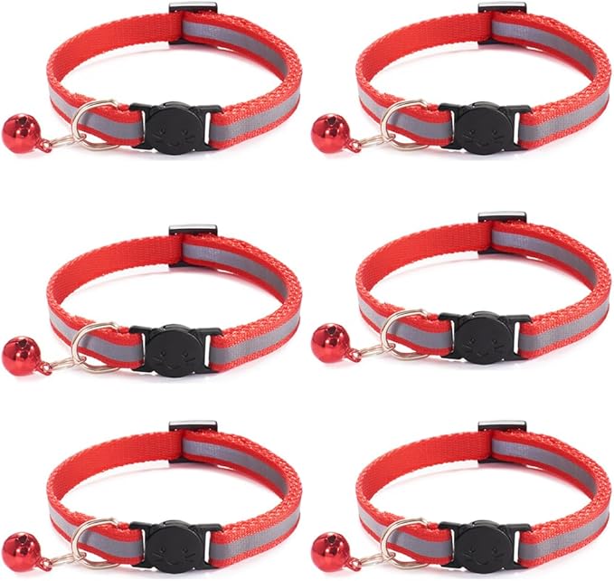 Jigichu 6 Pack Reflective Cat Collar with Bell, Breakaway and Safe Collars for Cats, Nylon, Pet Collar Mixed Colors Adjustable19-32cm (Red)