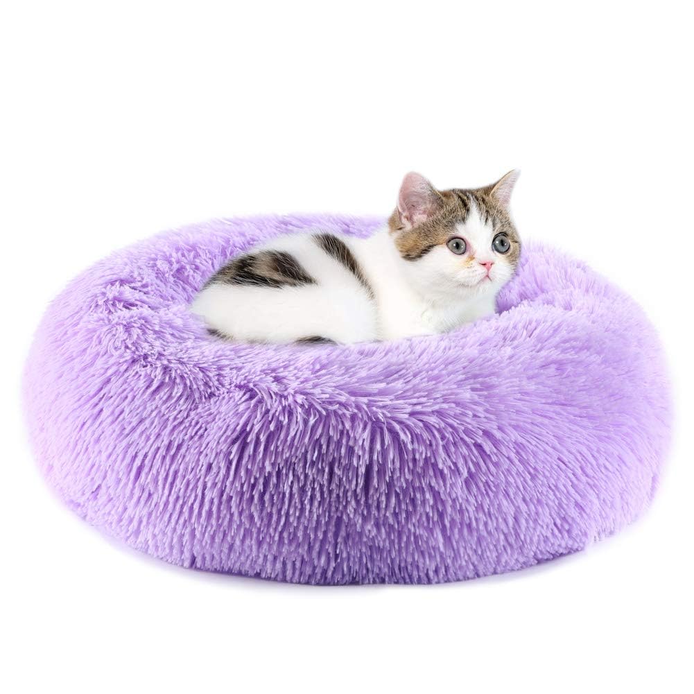 Purrfect Cat Beds - Washable 20 inches, Anti-Anxiety Round Plush Faux Fur, Thick Bottom (Purple, Medium) - Suitable for Indoor Cats & Small/Medium Dogs
