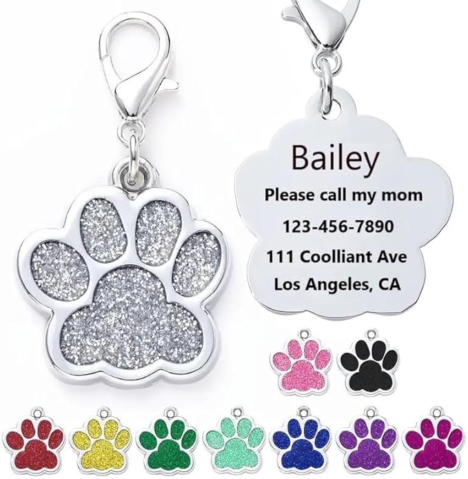 Cute Personalized Pet Name Tags for Cats/Dogs - Glitter Custom pet id tag, Dog id Tags Engraved for Pets, Customizable cat tag, pet Collar Charms, Dog Name tag (Paw-Shaped-Small: Pink)