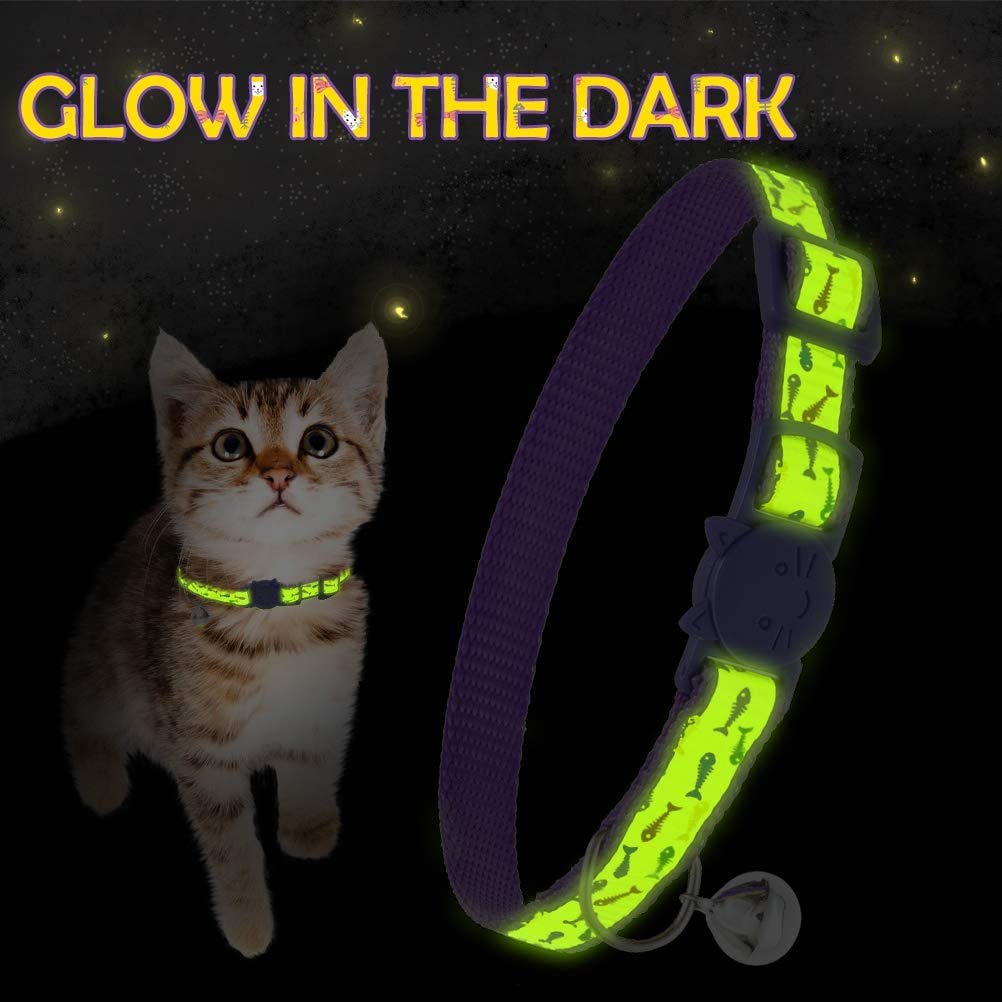 Cat Collars Breakaway with Bell - Glow in The Dark Collar 4 Pack - Fish & Cat Pattern 4 Colors for Kitty and Puppies, Adjustable from 7-11 Inch