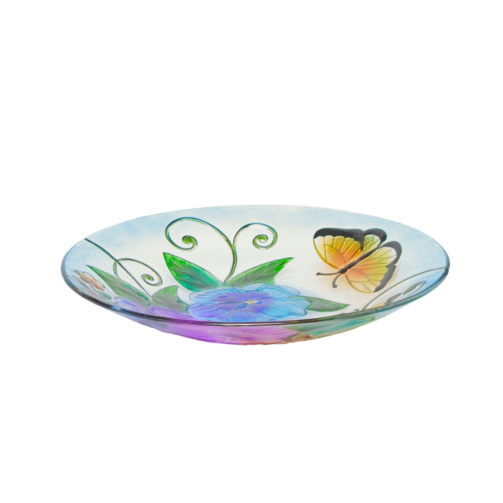 Alpine Corporation 18" Glass Birdbath Topper with Colorful Butterfly and Flowers