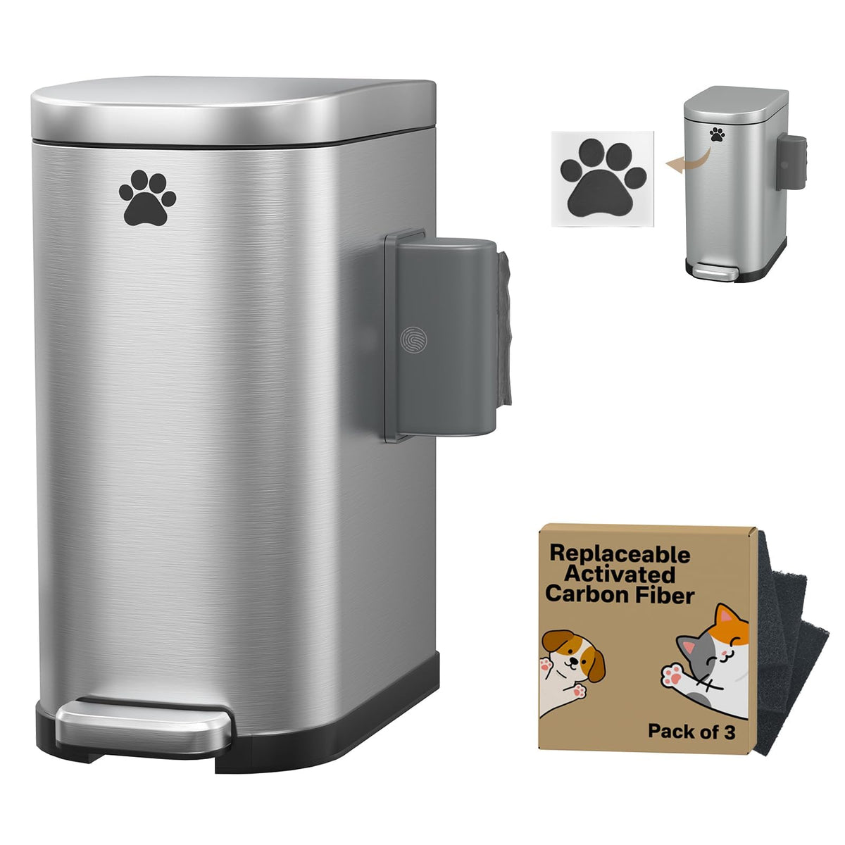 organizelink Dog Poop Trash Can Outside with Odor Control Lid & Step Pedal, 3.2Gal Stainless Steel Outdoor Trash Can, Waterproof Dog Waste Container Station - Includes Carbon Filters & Paw Stickers
