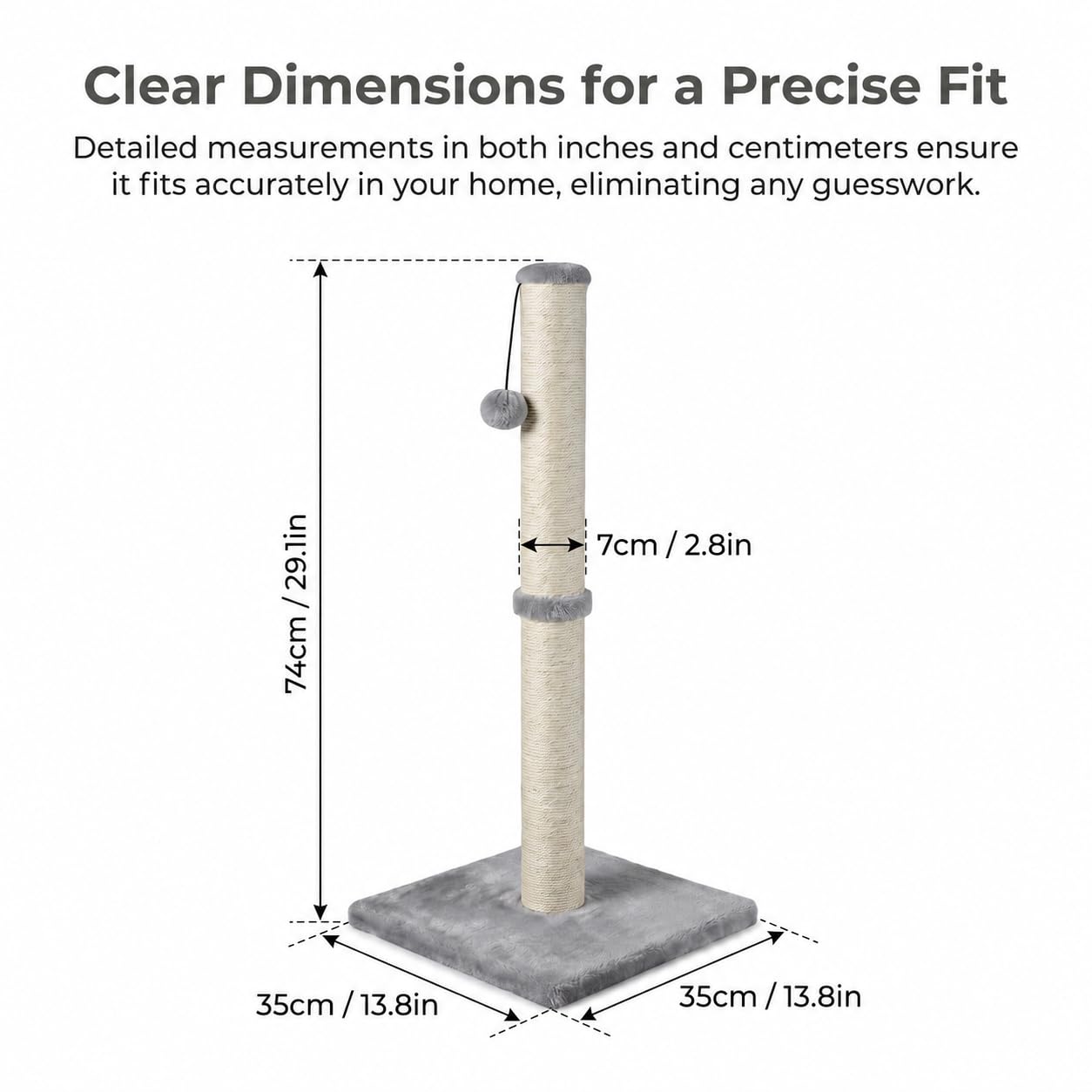 Dimaka 29" Height Tall Cat Scratching Post, Claw Scratcher with Sisal Rope and Covered with Soft Smooth Plush, Vertical Scratch [Full Strectch] for Standard Size Cats(Grey, 29 inches for All Cats)