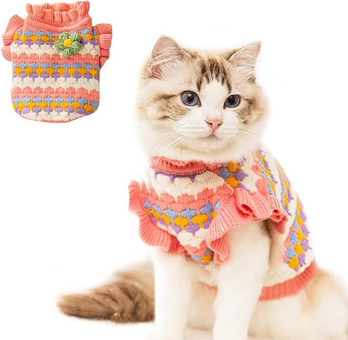 Small Dog Sweater, Knitted Tulip Cat Sweater, Warm Thick Holiday Puppy Clothes for Small Dog Girl,Cold Weather Outfit for Kitten Chihuahua Yorkie Teacup Dachshund Pug (Pink, X-Large)